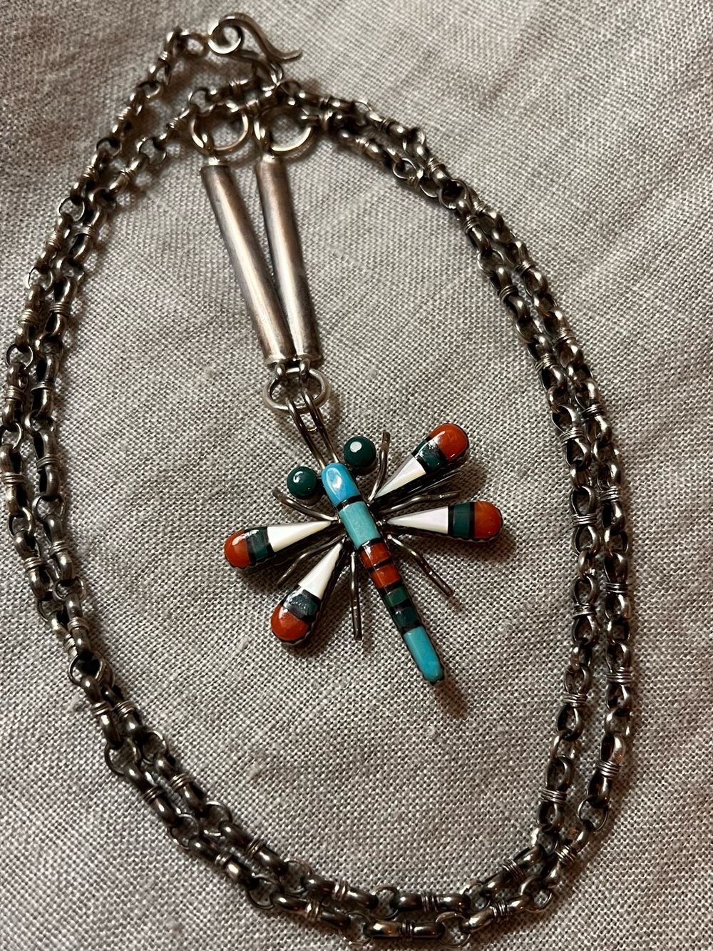 Zuni Turquoise Coral Dragonfly Necklace Handmade Sterling Chain Inlay Pendant